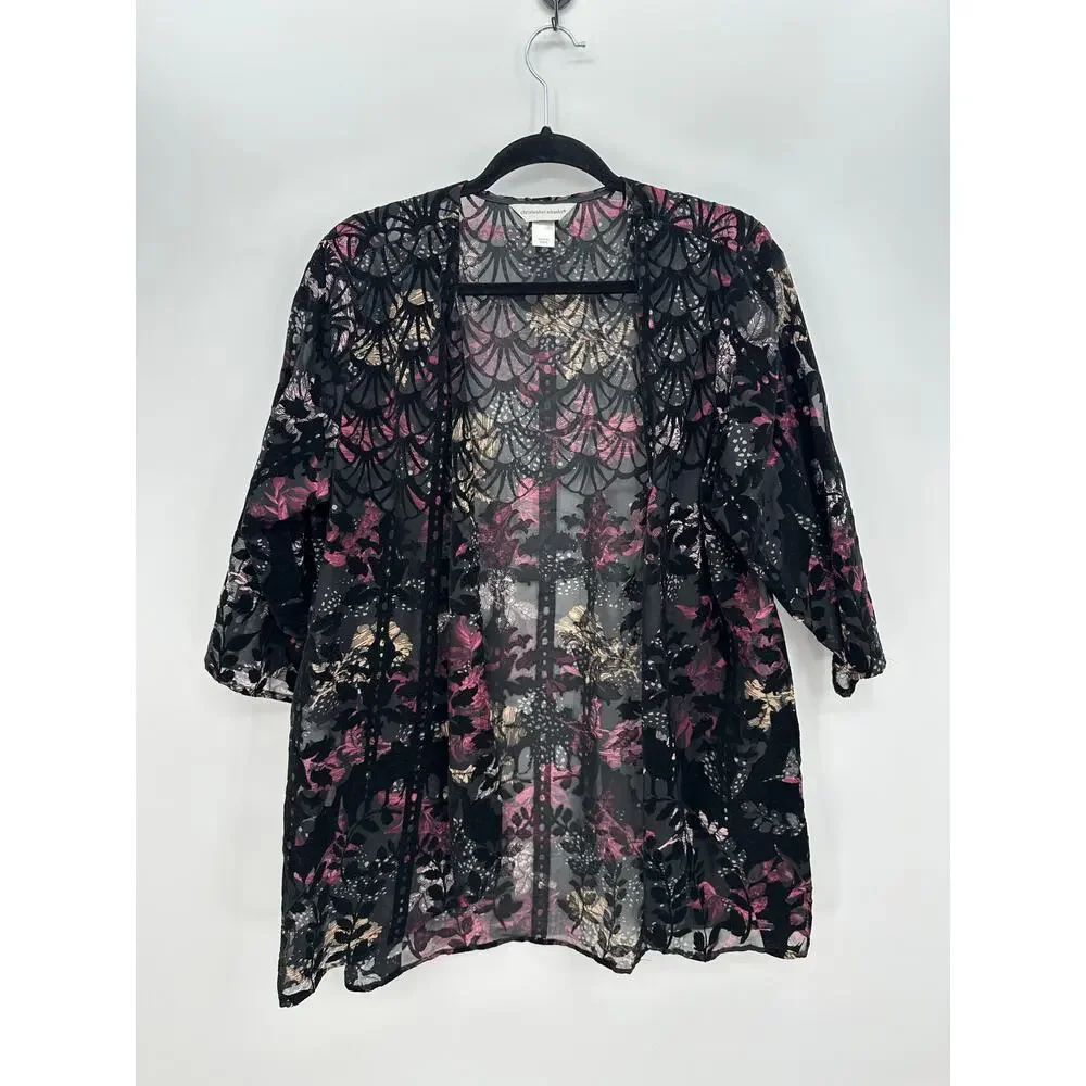 Christopher & Bank Women Black Floral Velvet Burnout Cardigan Size L Half Sleeve